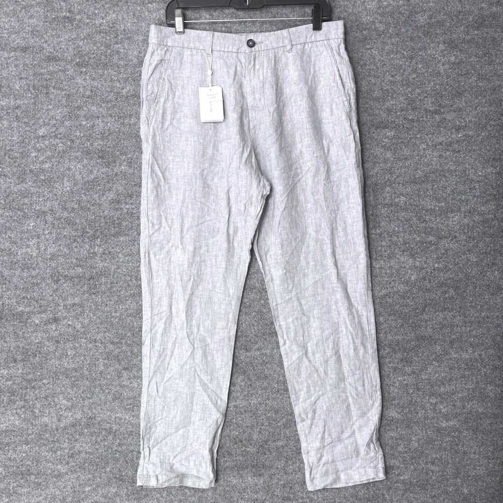 Porter & Ash Mens 32 Sustainable 100% Linen Pants Light Grey Relaxed Fit NWT